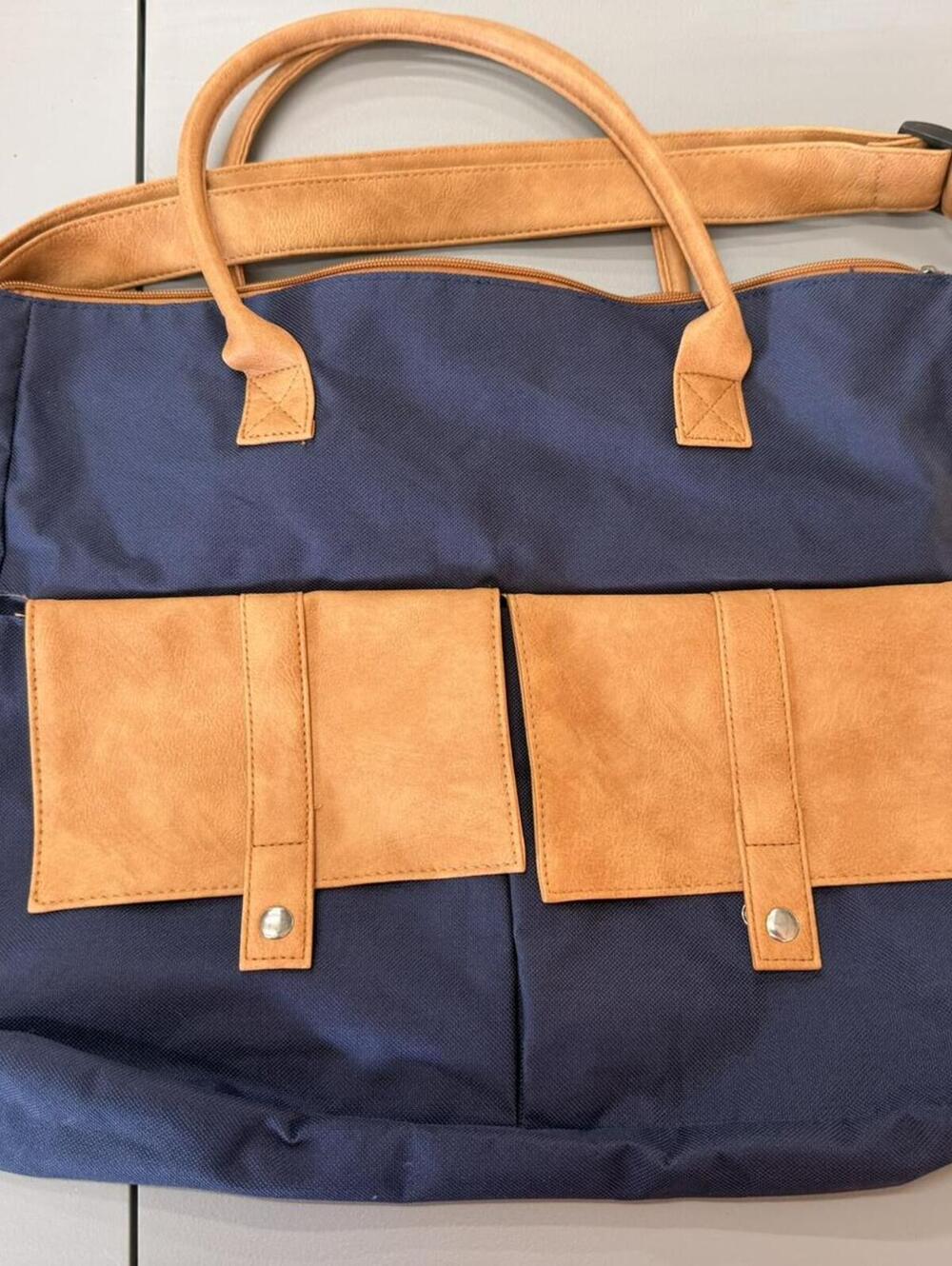 Navy and Tan Canvas Tote Bag with Faux Leather Trim and Shoulder Strap